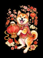 Cute Shiba Inu dog in traditional red festive outfit holding a lantern, cherry blossoms, isolated on transparent background, for stickers, T-shirts, print on demand.