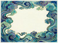 Ornate blue and teal swirl border frame with decorative flourishes on cream background for invitations, certificates and elegant design projects.