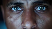 Close up portrait focusing on intense bright blue eyes of young African American person against dark background, dramatic lighting emphasizes facial features and skin texture.