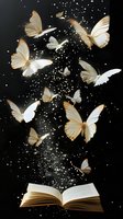 Magical open book with glowing white butterflies flying from pages against black background, sparkles and light particles creating ethereal atmosphere.