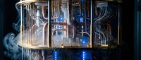 Quantum computer processor with glowing blue qubits and complex wiring system for advanced computing technology and scientific research applications.