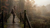 Man in brown jacket standing on wooden bridge in misty autumn forest landscape at dawn or dusk. Suitable for travel, nature, solitude, and lifestyle editorial and commercial projects.