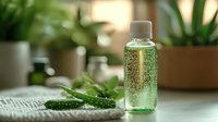 Green transparent bottle with natural cosmetic serum and fresh aloe vera leaves on light background, organic skincare concept for beauty and wellness.