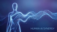 Human-AI synergy concept with glowing neon figure transforming into digital wave particles on blue gradient background. Represents artificial intelligence integration, technology innovation, and future collaboration.