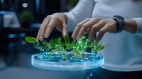 Young Asian female scientist examining glowing plants in petri dish with neon blue light effect, demonstrating biotechnology research in modern laboratory setting.
