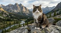 Tabby cat sitting on rocky mountain ledge with dramatic alpine peaks and forest valley in background during golden hour lighting for outdoor adventure concepts.