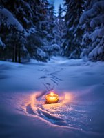 Glowing candle in deep snow creates magical winter atmosphere with illuminated forest path at dusk, sparkling snow crystals reflect warm candlelight.