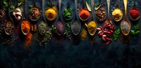 Colorful aromatic spices and herbs in vintage metal spoons on dark rustic background, panoramic food composition with copy space for menu or recipes.