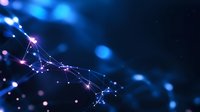 Glowing network connections with bright nodes on dark blue background, abstract technology concept visualization showing digital data flow and connectivity.