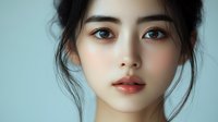 Young woman with East Asian ethnicity, fair complexion, dark hair styled in a half-up look, wearing subtle makeup with defined eyebrows and nude lip tones against a soft blue background for beauty and skincare campaigns.