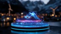 Glowing blue hologram mountain landscape with futuristic circular platform and neon lights against dark cityscape background with bokeh lights and wind turbines.