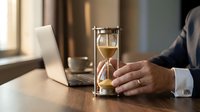 Professional businessman in formal suit holding hourglass at wooden desk with laptop in modern office, symbolizing time management and productivity.