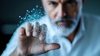 Mature Caucasian businessman in white shirt manipulating glowing blue digital particles with hand gesture against dark background, futuristic technology concept.