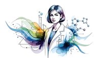 Female scientist in white lab coat surrounded by colorful molecular structures and scientific elements on white background for educational design.
