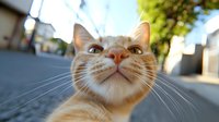 Orange tabby cat looking up with curious expression on sunny street. Domestic feline pet with white chest markings gazing upward outdoors in residential neighborhood setting.