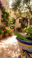 Green iguana sunbathing in colorful ceramic pot on Mediterranean terrace with flowering plants and stone architecture creating peaceful garden atmosphere.