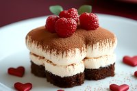 Layered dessert with chocolate brownie base, creamy mousse filling, cocoa powder dusting and fresh raspberries on top, served with decorative red hearts.