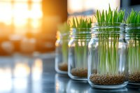 Fresh wheatgrass growing in glass jars with soil, illuminated by warm sunlight, showcasing sustainable home gardening for health enthusiasts.