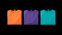 Folded t-shirts in orange, purple, and teal isolated on transparent background. Ready for print-on-demand, sublimation, t-shirt design, clipart, and merchandise mockups.