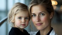Adult woman with light brown hair and young blonde child, both with fair complexions, posing together indoors with soft natural lighting. Suitable for family, parenting, and lifestyle content.