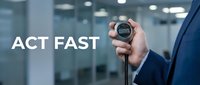 Businessman in suit holding stopwatch in office with Act Fast text, urgency and time management concept for business motivation.