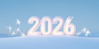 Glowing numbers 2026 on snowy winter landscape with sparkles and soft blue sky background, festive new year celebration concept.