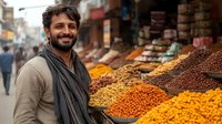 Middle Eastern merchant smiling at traditional spice market stall with colorful display of nuts, dried fruits and aromatic seasonings in wooden containers.