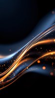 Dynamic glowing waves with orange and blue light trails against dark background, sparkling particles creating elegant flowing motion effect for modern design projects.