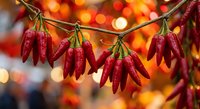 Dried red chili peppers hanging on string with warm bokeh lights background. Spicy hot peppers for cooking, seasoning and culinary decoration purposes.