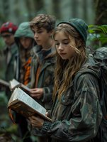 Young diverse group of teenagers reading books during outdoor education activity in moody forest setting. Perfect for adventure, learning, and youth lifestyle concepts.