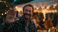 Happy mature Caucasian man with beard waving at camera during outdoor evening party with warm string lights creating festive atmosphere for social gatherings.