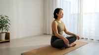 Young Asian woman meditating in lotus pose on cork yoga mat in bright minimalist home studio, practicing mindfulness and inner calm.
