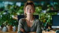 Happy young Caucasian businesswoman with messy bun hairstyle smiling with closed eyes in modern green office workspace for wellness and work-life balance concepts.