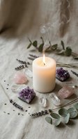 Burning candle surrounded by amethyst crystals, rose quartz stones and lavender sprigs creating peaceful spa atmosphere for meditation and wellness rituals.