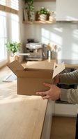Person holding open cardboard delivery box in modern kitchen interior with wooden countertops and natural lighting for unpacking groceries or online orders.