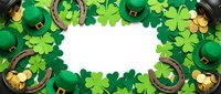 St. Patrick's Day themed frame with green shamrocks, leprechaun hats, horseshoes and gold coins arranged in a border around white copy space for holiday greetings and celebrations.