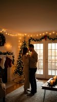 Romantic couple embracing in cozy Christmas living room with tree, fireplace, string lights and holiday decorations creating warm festive atmosphere.