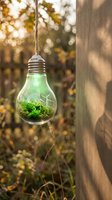 Eco-friendly light bulb terrarium with green plants and wind turbine hanging outdoors, symbolizing renewable energy and sustainable living concepts.
