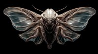 Detailed moth illustration with translucent wings and intricate anatomical features on black background, showcasing symmetrical design and textured body.