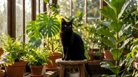 Black cat sitting among potted plants in sunlit greenhouse or conservatory with green foliage and natural light for pet and botanical themes.