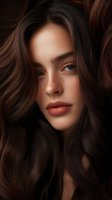 Young woman with freckles, coral lipstick and flowing dark brown wavy hair gazes intensely with blue eyes in dramatic beauty portrait against dark background.