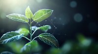 Young green plant leaves with morning dew drops against dark background. Natural macro photography with bokeh effect and soft light creates serene atmosphere.