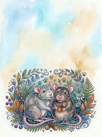 Two cute watercolor rats surrounded by flowers, hearts and berries on a soft pastel background with copy space for greeting cards.
