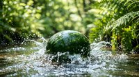 Fresh watermelon splashing into clear water with dynamic droplets against lush green foliage background for summer refreshment and healthy lifestyle concepts.