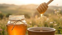 Golden honey dripping from wooden dipper into bowl with jar at sunset in meadow field. Natural organic sweetener for healthy lifestyle and cooking.