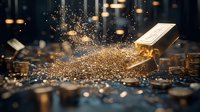 Gold bar exploding with glittering particles and scattered coins on dark background, dramatic lighting creates luxury financial concept for wealth and investment.