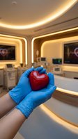Gloved medical hands holding a red heart model in a modern cardiology clinic with monitors and warm ambient lighting.