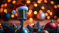 Vintage microphone wearing Santa hat with Christmas decorations, pine cones, and red baubles against blurred bokeh lights background for holiday music events.