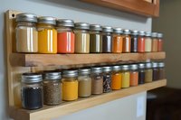 Glass mason jars filled with colorful spices, seasonings, and dry ingredients arranged on wooden kitchen shelves, showcasing organized pantry storage and culinary preparation.