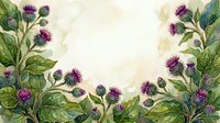 Watercolor thistle floral frame with purple blooms and green leaves on a soft beige background, perfect for cards, invitations, and nature designs.